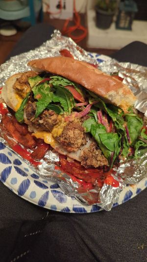 TLC sandwich, tindle soy chicken. Also sweet potato fries 🍠 🍟. Ordered from UberEATS at TLC Vegan Kitchen in Richardson