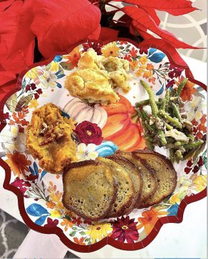 Thanksgiving meal with herb roasted turkey, whipped sweet potatoes, green bean casserole and chickn pot pie  at TLC Vegan Kitchen in Richardson