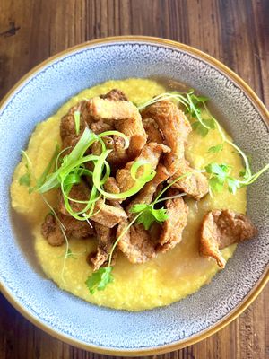 Creole-fried Oyster Mushrooms & Creamy Cheese Grits  at TLC Vegan Kitchen in Richardson