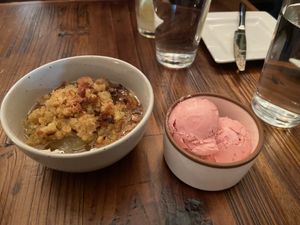 Dessert was a pear cobbler/crumble with a raspberry sorbet made in-house! Delicious!  at TLC Vegan Kitchen in Richardson