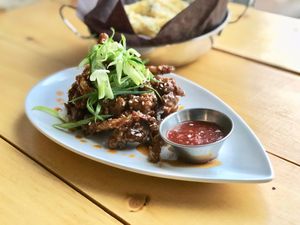 Sesame TLC plate. Crispy battered Oyster Mushrooms with Tangy Sesame Sauce! at TLC Vegan Kitchen in Richardson
