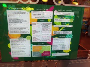 Menu - anything with a V in a green circle next to it is vegan at Umi Falafel - George's St Arcade in Dublin