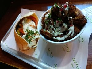 Palestinian falafel pita and cauliflower fritters at Umi Falafel - George's St Arcade in Dublin