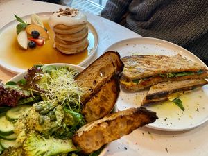 Pancakes, grilled cheese, and salad at Greenfinch in Berlin
