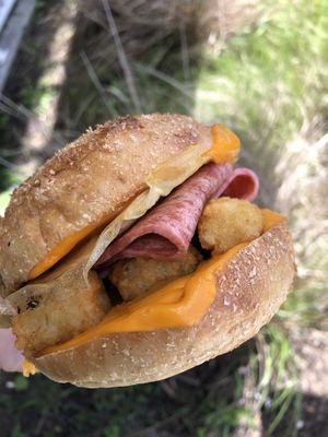 bacon and egg roll ! at Jamaica Blue in Brookvale