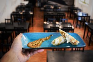 Peanut roti roll at Veggo Sizzle in Five Dock