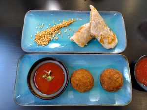 Veggo supremo balls and peanut roti roll at Veggo Sizzle in Five Dock