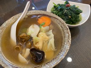 Almond mushroom soup (巴西蘑菇湯) and boiled seasonal vegetables (時蔬燙青菜) at Jié Xià Shū Shí 結夏蔬食 in Puli