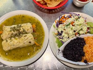 Sweet potato tostada and the salad, beans and rice plate that comes with it. Also free chips and salsa.  at Taco Temple in Morro Bay