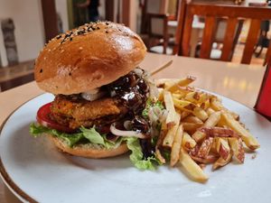 Huge veggie burger! at Jack's Café in Cusco