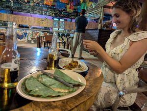 Three vegetarian quesadillas. My wife has a vegan burrito. at Mr. Taco in Bacalar