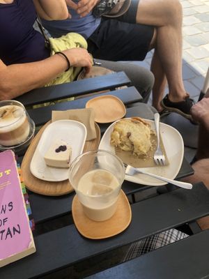 Forgot to take a pic before eating😄Blueberry cheesecake, cardamom bread, and iced chai latte    at 4minutes Cafe in Budapest