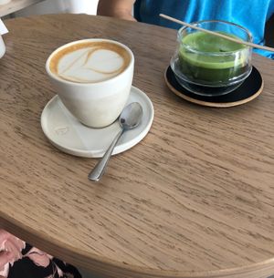 Pea milk cappucino and matcha on ice at 4minutes Cafe in Budapest