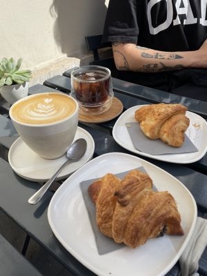 latte, americano and chocolate-peanutbutter croissants  at 4minutes Cafe in Budapest