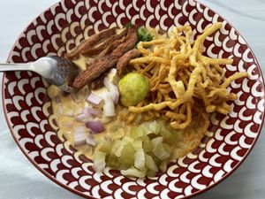 Kao Soi 27 (149 baht) with added vegan pork (30 baht)  at Kaek Kao Kua in Bangkok