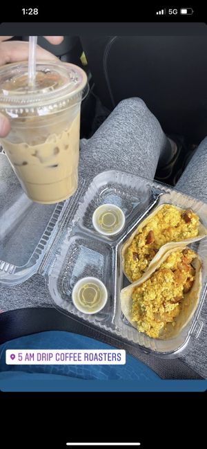 Tacos and iced coffee   at 5am Drip in Fort Worth