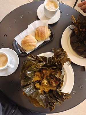 Breakfast for 20k (4,6€) per perso : cappucino with oat milk, croissant and tamale with rice and seitan. Amazing!! at The Vegan Bakery (formerly Panadería Rocks) in Bogota