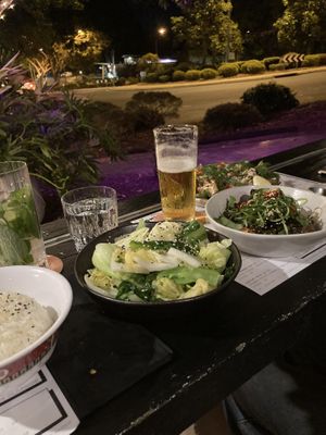 Steamed rice, Asian greens(my favourite), miso eggplant, cumin cauliflower  at Light Years in Noosa Heads