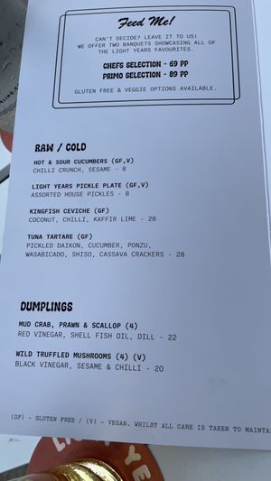 Current menu  at Light Years in Noosa Heads