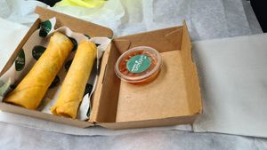 Two fried spring rolls with sweet chili  at Mr. Vegan Foodbar in Hilversum
