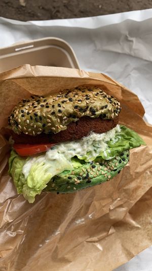 Falafel burger with tzaziki sauce at Mr. Vegan Foodbar in Hilversum