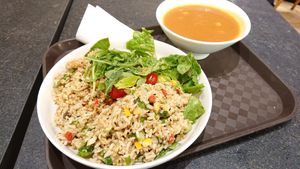 deli salad & greens bowl with curry pumpkin soup at Cedele - Novena Square in Central Singapore