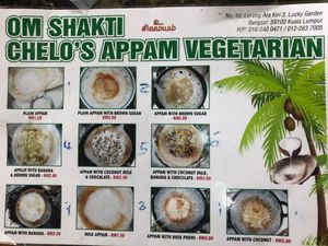 Their appam menu  at Om Shakti Chelo's Appam Vegetarian in Kuala Lumpur
