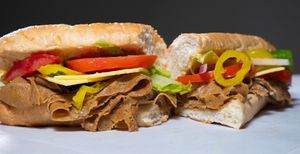 Home Style Roast BEef-
Roast BEef, Lettuce, Tomato, Onion, Banana Peppers, Dijon, Garlic Aioli at Mashup Market -  BeHive Deli in Denton