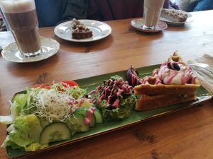 Savory waffle and apple-walnut cake at Trivitys in Berlin