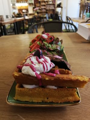 Savory waffle with portobello and fermented cashew cream at Trivitys in Berlin