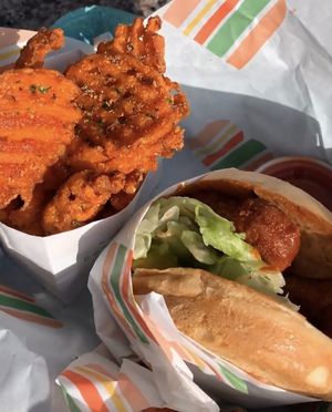 Sweet Potato Waffle Fries and The Spicy Chicken Sandwich!! at Burger Patch in Davis