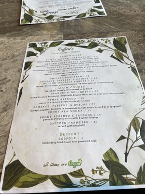 Separate vegan menu- be sure to ask for it   at Ruffino's Italian Kitchen & Pizzeria in Zionsville