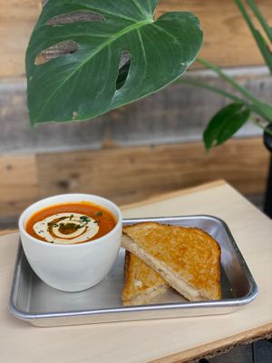 tomato basil soup and grilled cheez at Gaia's Garden Cafe in St George