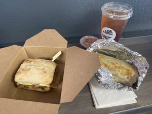 Roast beef sandwich (order this!), breakfast burrito, and blood Orange iced tea. All sooooooo good!! at Gaia's Garden Cafe in St George