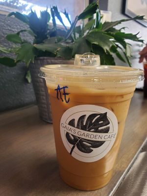 Cardamom and cinnamon oat milk latte at Gaia's Garden Cafe in St George