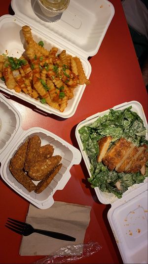 Cheesy fries. Cesar salad w buff chick. And side of tender. Chick’n in the salad looked better than tenders in my opinion !  at Daily Veg in Newark
