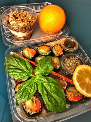 Veg rolls and apple cinnamon parfait  at Chicago Raw Food in Chicago