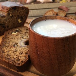 Banana bread and almond milk at CactusBerry in Santiago