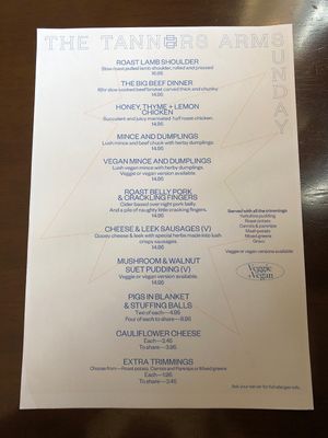 Sunday menu Feb 2024  at The Tanners Arms in Newcastle Upon Tyne