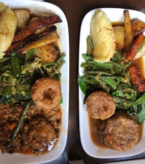 Suet pudding Sunday dinner and mince / dumpling Sunday dinner. Note: vegan yorkshires are small, beware of getting the wrong one on your plate😄  at The Tanners Arms in Newcastle Upon Tyne