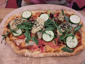 One of the vegan pinsa options - the vegan chệvre was scarily realistic at Restaurant Aal Eechternoach in Echternach