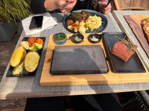 Planted steak on hot stone   at Restaurant Aal Eechternoach in Echternach