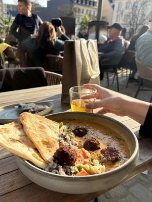 Chickpea fritter coconut curry  at Restaurant Aal Eechternoach in Echternach