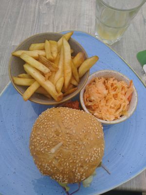 Vegan pulled Jack Burger with Fries and coleslaw. at Restaurant Aal Eechternoach in Echternach