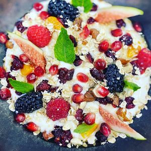 Vegan soja dessert with fresh fruits at Restaurant Aal Eechternoach in Echternach