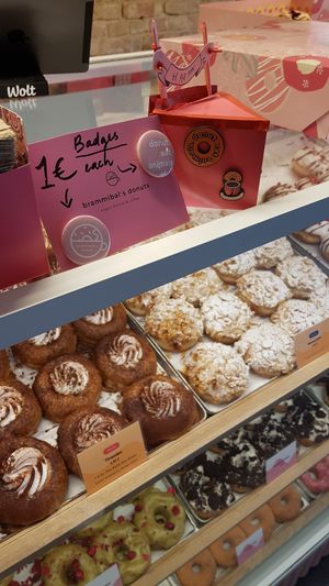 Badges, pins & donut counter at Brammibal's Donuts - Friedrichshain in Berlin