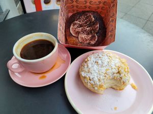 Bienenstich and in box is tiramisu, both yummy crème-filled at Brammibal's Donuts - Friedrichshain in Berlin