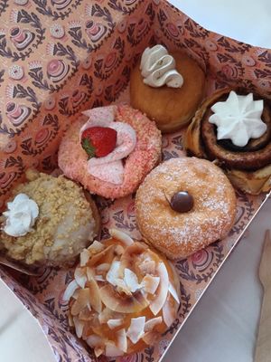 Scrmbled Rhabarber, strawberry cream, caramel-banana, Mango-Kokos, schokobombelonie, zimtschnecke at Brammibal's Donuts - Friedrichshain in Berlin