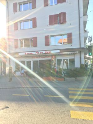 The pizzeria from outside with its terrace at Pizza Huus in Bern