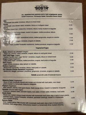 Menu on 11.28.22  at Sosta Cafe in Raleigh